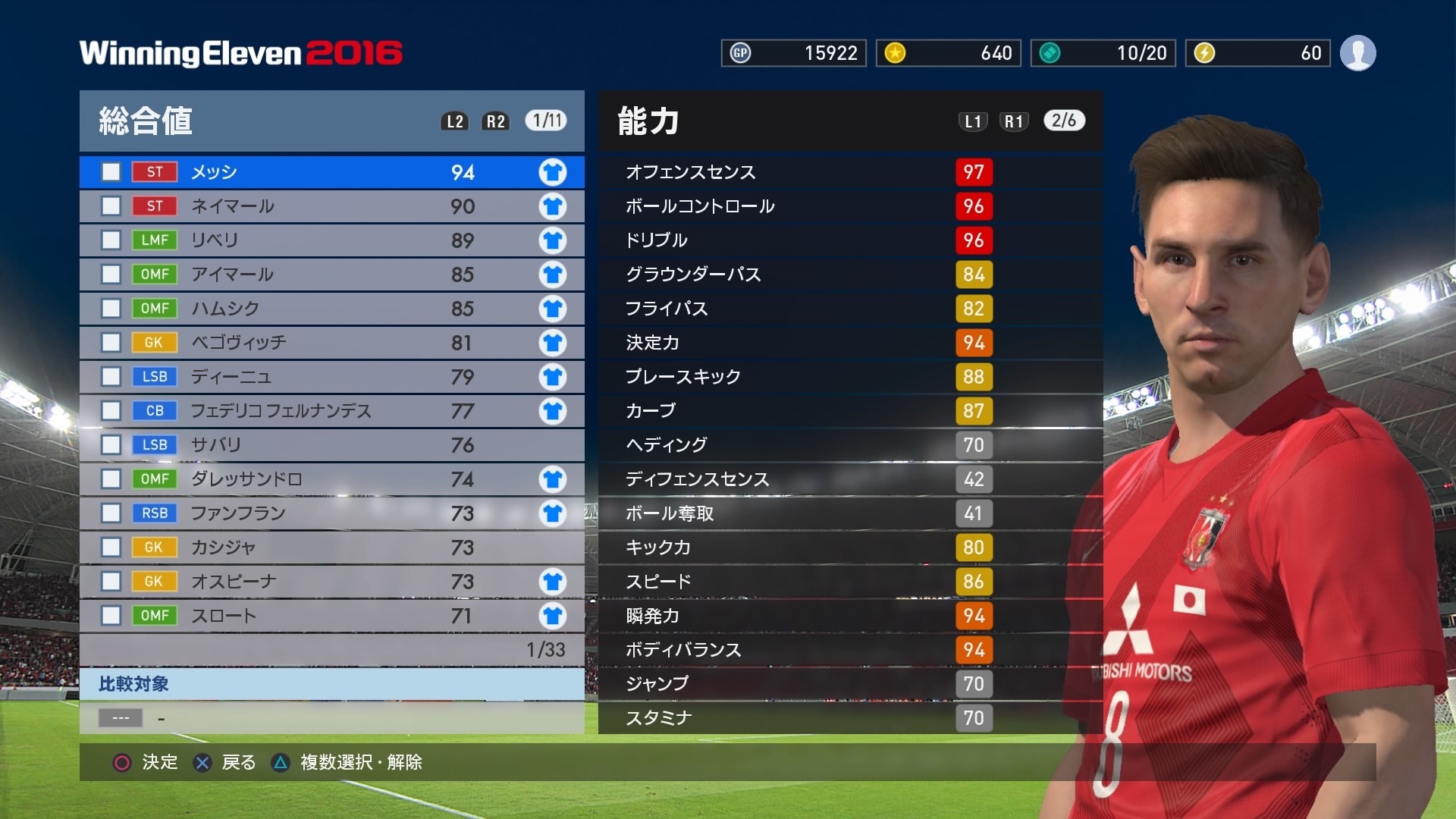 ウイイレ２０１６myclub メッシのステータス オズワルドの部屋